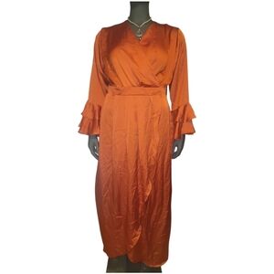 Modest Barbie Elegant Orange Satin ruffle sleeve maxi dress evening gown xxl